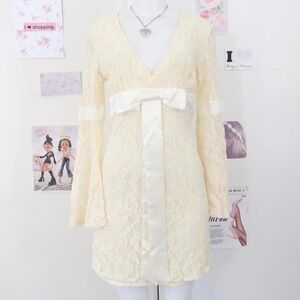 Vintage Cream Lace Bell Sleeve Mini Dress with Satin Bow